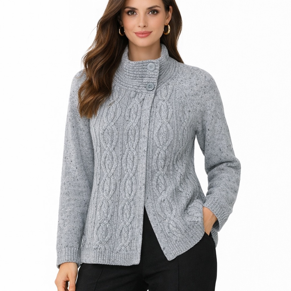 Heather Gray‎ Grey Button Collar Loose Fitting Swing Cable Knit Sweater XL